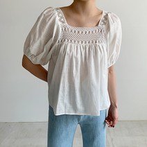 여름 아일렛 린넨 스퀘어넥 퍼프 자수 블라우스