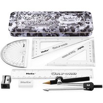 Helix Oxford Camo Maths Set - 9 Piece Set - Set Squares Protractor Ruler Eraser Sharpener Compa, 한개옵션0