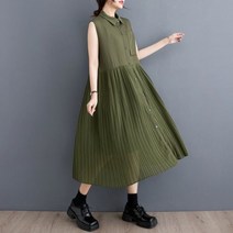 여성 빅사이즈 여름 셔츠 카라 민소매 플리츠 원피스 캐주얼 루즈핏 빅스윙 미디 스커트