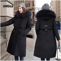 AMlisa 고품격 방한용 날씬한 여성 빅사이즈 기모 롱패딩 겨울 야상 모자 털 풍성한 허리잘록 다운 코트 면복