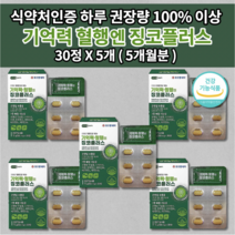 두뇌 뇌 기억력 저하 감퇴 예방 향상 개선 기억 장애 좋아지는 법 뇌에 좋은 심 뇌 혈관 질환 손발 저림 증상 혈액 순환 정맥 순환제 개선제 건강 식품 영양제 징코 플러스 30정, 5개