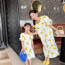 해외여름 유아동 퍼프 반팔 롱원피스 스퀘어넥 프릴 루즈핏 엄마랑딸 커플티
