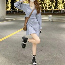[랜덤플레이] 언발란스 스트라이프 카라 셔츠 원피스