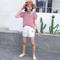 에이탑키즈 여아용 체크체리 블라우스+반바지세트 상하복 세트