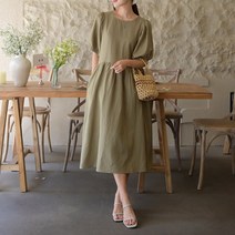 데일리앤 리벨 여성 루즈핏 플레어 린넨 퍼프 반팔 롱 원피스 봄 여름 빅사이즈