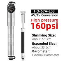 ROCKBROS 자전거 펌프 130PSI 공기 펌프 알루미늄 합금 휴대용 방울 자전거 초경량 핸드 펌프 MTB 산악 자전거 펌프, HQ-67A-L03   160PSI|미국