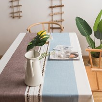 집안 분위기 확바꾸어 주는 예쁜 북유럽 린넨 레이스 식탁보 식탁커버 테이블보 테이블커버, 4인용(180*130cm), 하늘색-브라운