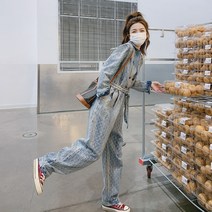 홍콩스타일 봄가을 레트로 여성 데님점프슈트