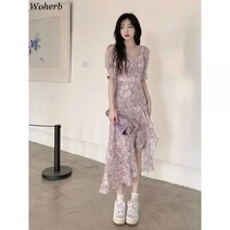 여름 원피스 하객 여성 룩 Woherb 우아하고 세련된 반소매 꽃무늬 드레스 여성용 프랑스 스타일 요정