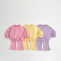 봄 비비드나팔상하복 여아 소매퍼프맨투맨 나팔바지상하 자매커플룩 외출복 등원룰