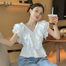 레이스 콩단추 여름 프릴 러플 브이넥 블라우스 카라없는 하늘하늘 반팔 샤랄라 보세 SY
