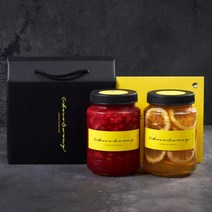 [초코써니 딸기청+레몬청] 차 선물세트포장 500g 2병 에이드 딸기라떼 수제청 과일청, ●1kg(반반딸기청+레몬청)세트