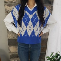 상상그이상 여성용 국내제작 다이아 니트조끼 아가일 브이넥 배색 포인트 비비드컬러 포인트 루즈핏 레이어드 6컬러 활용도가 좋은 따뜻한 니트 베스트