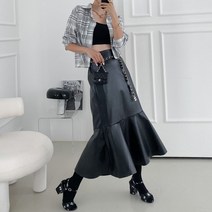 시크한 레더 인조가죽 슬림핏 머메이드 프릴 롱스커트 3컬러