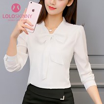 로로스키니 브이넥 여성 리본 블라우스 여자 가을 면접 긴팔 셔츠 LS0401