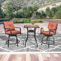 LOKATSE HOME Patio Bar Height 2 Outdoor Swivel Chairs and 1 High Glass Top Table Red Cushion Set