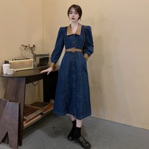 여성용 여성원피스 롱우너피스 긴팔 데님원피스 청원피스 캐주얼 루즈핏 봄가을-DF5H2