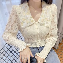 기본 브라우스 봄 블라우스 데이트룩 하객룩 해외여행여름옷 달콤한 피터 팬 칼라 레이스 가을 긴 소매 Pleated 인쇄 셔츠 파란색 된 Crocheted 할로우 슬림 17051