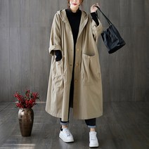 런메시 Runmecy 봄 가을 박사이즈 롱 빅 포켓 후드 야상 캐주얼 코트