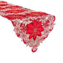 크리스마스 꽃 테이블 러너 자수 포인세티아 홀리 리프 테이블 러너, 38*148cm