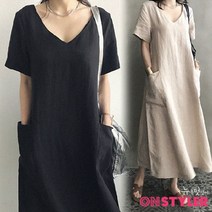 온스타일러 뉴욕멋쟁이 딥브이 린넨 반팔 롱 원피스 KW5083