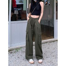 여성 카고팬츠 하이웨이스트 와이드 캐주얼 롱 단톤 여름 밴딩 바지