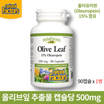 올리브잎 추출물 500mg 90캡슐 올러유러핀 15% 함유 네추럴 팩터스 캐나다 직구, 1병