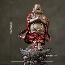 미니 불상 장군 부처상 세라믹 미륵 불상 장식 행운의 웃는 선 작은 석불 달마 아기 동자, 돈이 굴러가고 있다빨간색