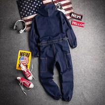 청데님 후드 점프수트 조커팬츠 힙합 정비 캐주얼 작업복 Q1092608
