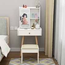 입식 미니화장대 화장품정리대 서랍장 북유럽풍 모던한 침실옆 작은공간용 원룸 작은방 원목 화사한느낌 의자, 조립형, Warm White 50cm 회전 거울
