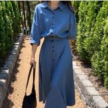 겟잇미 데님 카라 플레인 셔링 버튼 원피스