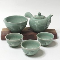 청자 운학 3인 다기세트, 1, 주전자 16 x 11.5 x 9cm, 숙우 지름 10.5cm, 잔 지름 7.5cm