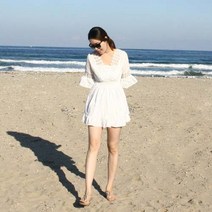 터치라인 샤벳 여성 여자 여름 비치 바캉스 휴양지 화이트 미니 신혼여행 자수 원피스