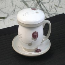 분청 장미문 손잡이 1인 다기 세트 (잔1+받침1) / 찻잔 녹차 보이차, 장미문양