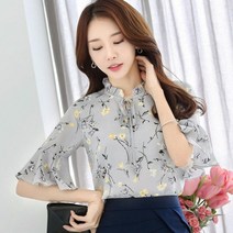 베씨 여성 쉬폰 반팔 블라우스 프릴 7부 오피스정장 티셔츠