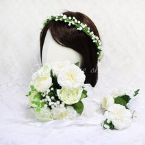 포유더샵 화관부케세트 화관 셀프웨딩 조화 부케, 지니아크림부케셋트