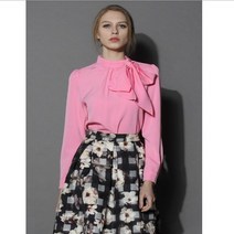 키스미 핑크 리본블라우스 터틀넥 하이넥 긴팔 원버튼 여성블라우스 퍼프소매 진분홍 꽃보다 남자 데이트룩