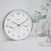 [시우아트] 루나화이트메탈무소음온습도벽시계(건전지포함), 루나화이트메탈무소음온습도벽시계