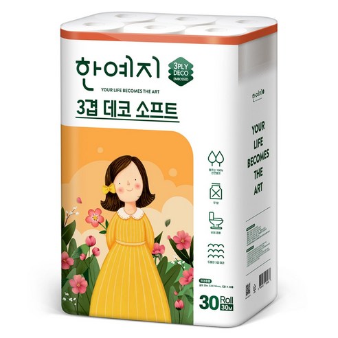 한예지 3겹 데코 소프트 롤 화장지, 30m, 30롤, 1개
