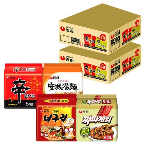 농심 신라면 5개 120g + 안성탕면 5개 125g + 얼큰 너구리 5개 120g + 짜파게티 5개 140g, 40개
