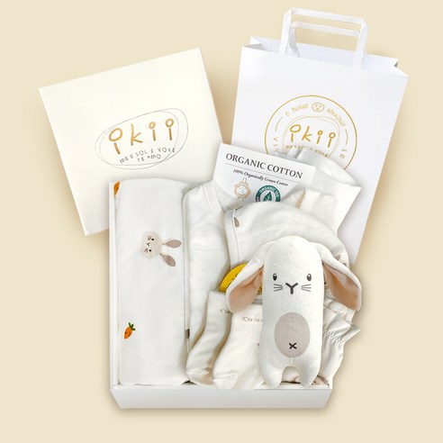 ikii 오가닉 신생아 반소매 바디슈트 출산 용품 7종 + 선물포장 + 쇼핑백 세트