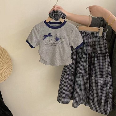 besteffie 여아 체크 반팔 티셔츠 스커트 세트 캐주얼 데일리 어린이 여름 투피스 아동복 14세 이상