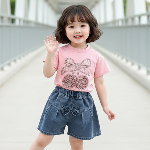 몽실이 스팽글체리 반팔상하복 여아 여름 반팔 반바지 세트 데일리룩 키즈 외출복 러블리룩 여름코디 스커트팬츠