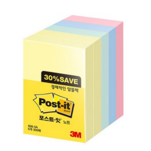 쓰리엠 포스트잇 노트 알뜰팩 656-5A, 노랑 + 애플민트 + 크림블루 + 러블리핑크, 500매, 3개