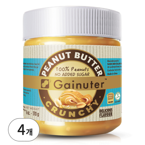 제이넛터 무가당 100% 땅콩버터 크런치, 4개, 170g