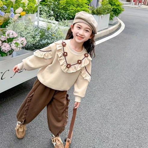 ZPEIZ 여아 봄 가을 긴팔 여아상하복 꽃 프릴 세트 캐주얼 맨투맨 바지 상하복 세트