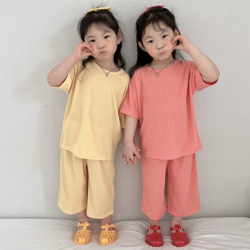 아이스토리키즈 여름봄무지7부 아기바지 플리츠상하세트 유아아동복 상하복