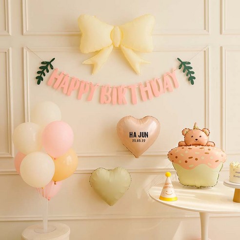 [파티랑]생일풍선 파티 가랜드 세트 파스텔 크림톤 곰돌이 컵케이크 숫자선택(모자 포함), 1세트, 01)크림로즈 컵케익 형