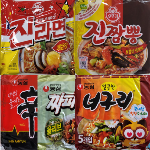 [데일리이츠] 오뚜기 농심 봉지라면 5종류 20봉 믹스세트 (진라면매운맛4 + 진짬뽕4 + 신라면4 + 짜파게티4 + 너구리얼큰4), 1세트