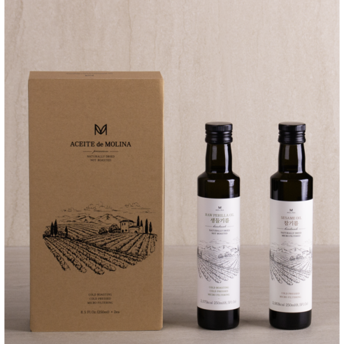 몰리나 국산 저온압착 참기름, 냉압착 생들기름 각250ml, 프리미엄 쇼핑백